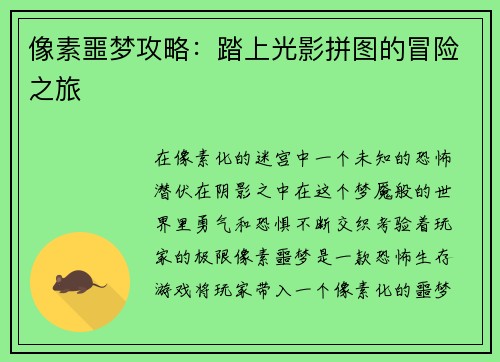 像素噩梦攻略：踏上光影拼图的冒险之旅